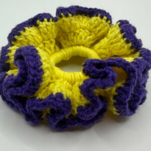 Chouchou en crochet bicolore jaune et bleu– Accessoire cheveux fait main